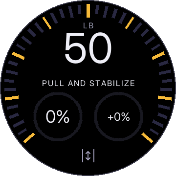 50 lb with PULL AND STABILIZE in white and gold ticks on the rim
