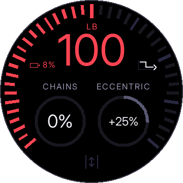 100 lb in red with a red battery icon and 8% to its left