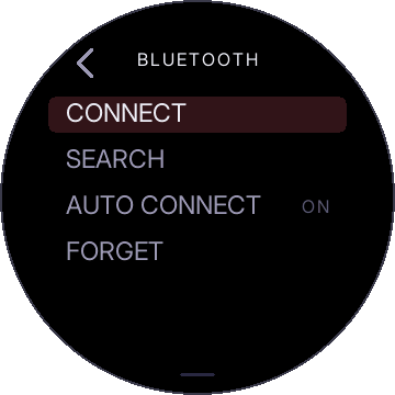 BLUETOOTH: CONNECT, SEARCH, AUTO CONNECT ON, FORGET