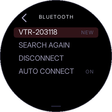 BLUETOOTH: a machine marked NEW, SEARCH AGAIN, DISCONNECT, AUTO CONNECT ON