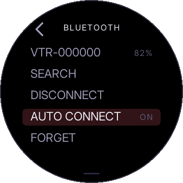 BLUETOOTH: the connected machine at 82%, SEARCH, DISCONNECT, AUTO CONNECT ON, FORGET