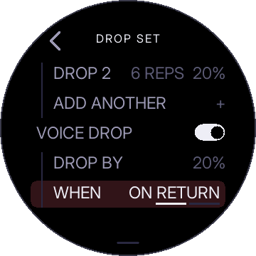 VOICE DROP on with DROP BY 20% and WHEN ON RETURN under it