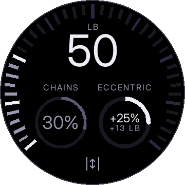 50 lb, CHAINS 30%, ECCENTRIC selected showing +25% and +13 LB
