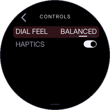 CONTROLS: DIAL FEEL BALANCED, HAPTICS on
