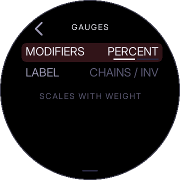 GAUGES: MODIFIERS PERCENT, LABEL CHAINS / INV, and the hint SCALES WITH WEIGHT